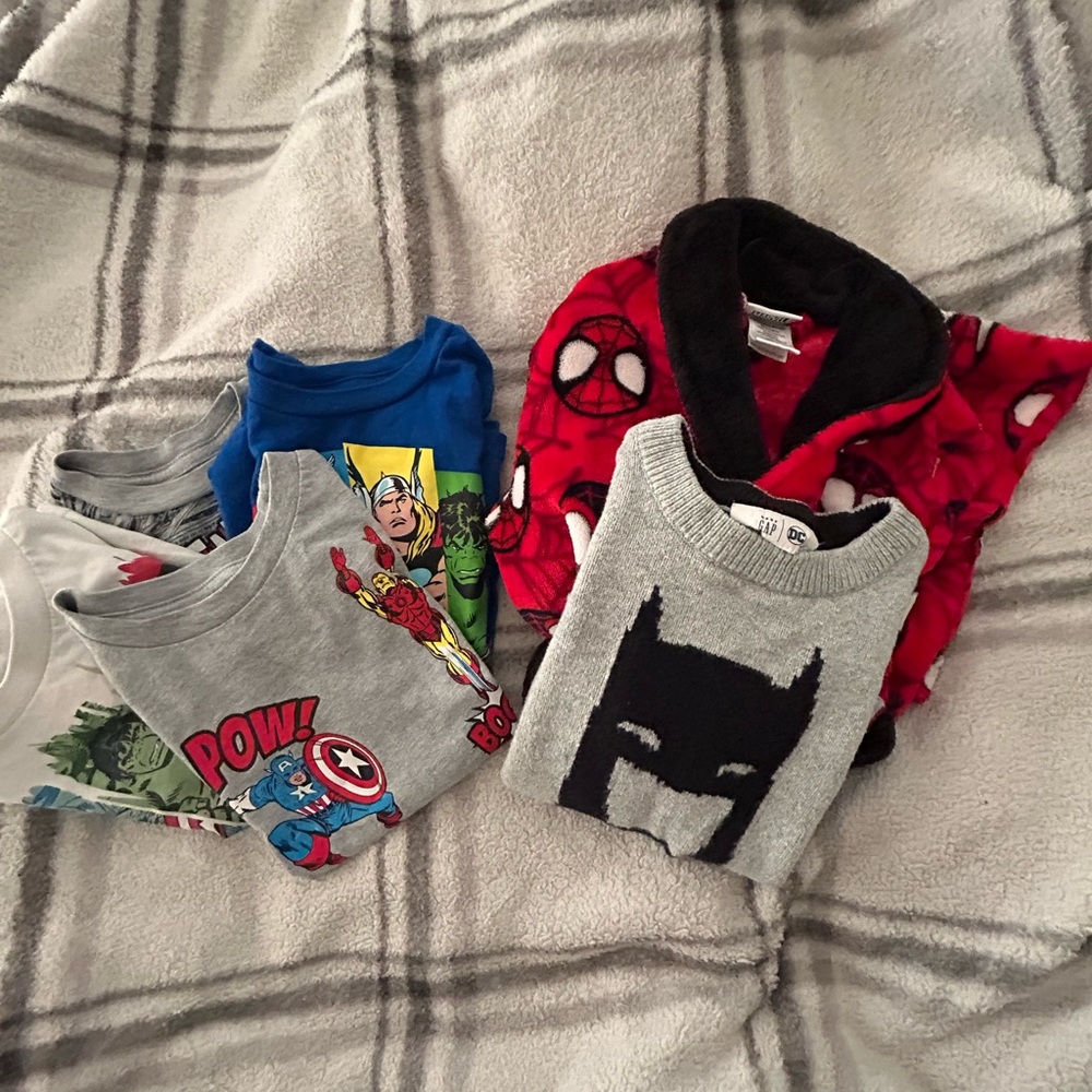 Lot of 3T marvel shirts.  superman robe and cool Batman sweater from Gap.